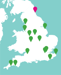 Map with markers showing where CCC projects took place across the country. Whitley Bay, Northumberland is in the north east and highlighted with a pink marker.