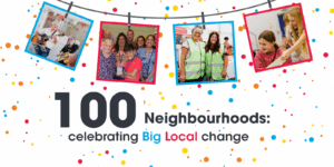 The image is a celebratory graphic for the "Big Local" initiative, titled: "100 Neighbourhoods: celebrating Big Local change". The design features colorful confetti-like dots scattered across a white background. Above the text, there are four photos hanging on a string like polaroids: A man and a woman playing musical instruments. A diverse group of smiling people, including a young boy in a red shirt, gathered closely. Two women in high-visibility vests standing together, smiling. Two girls laughing and interacting with a paper or activity. The words "Big Local" in the subtitle are highlighted in blue and red, matching the festive and community-focused tone of the image.