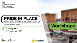 A presentation slide with a white left panel and a blurred cityscape photo on the right, overlaid with a green “Workshops” label. Visible text reads: “Ministry of Housing, Communities & Local Government,” “PRIDE IN PLACE,” “LED BY YOU – BACKED BY UK GOVERNMENT,” “winter event series,” “Liverpool,” “27 January 2026,” “Local Trust,” and “THIS DAY.”